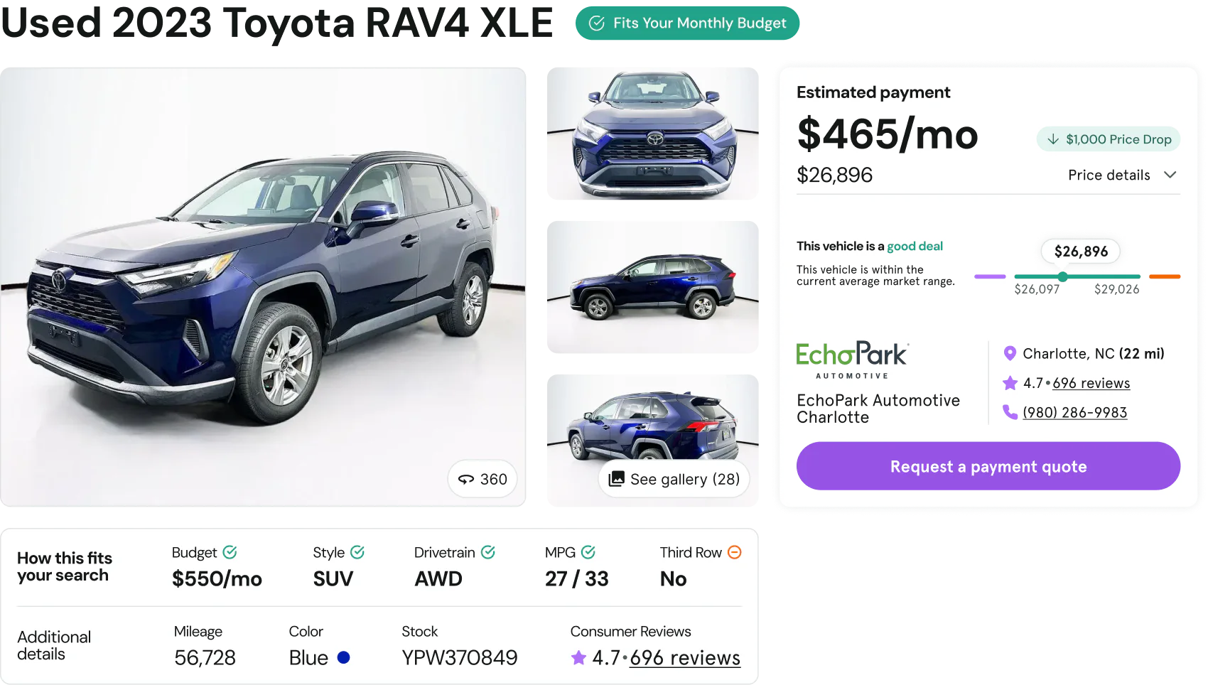 Payment-first Cars.com vehicle page