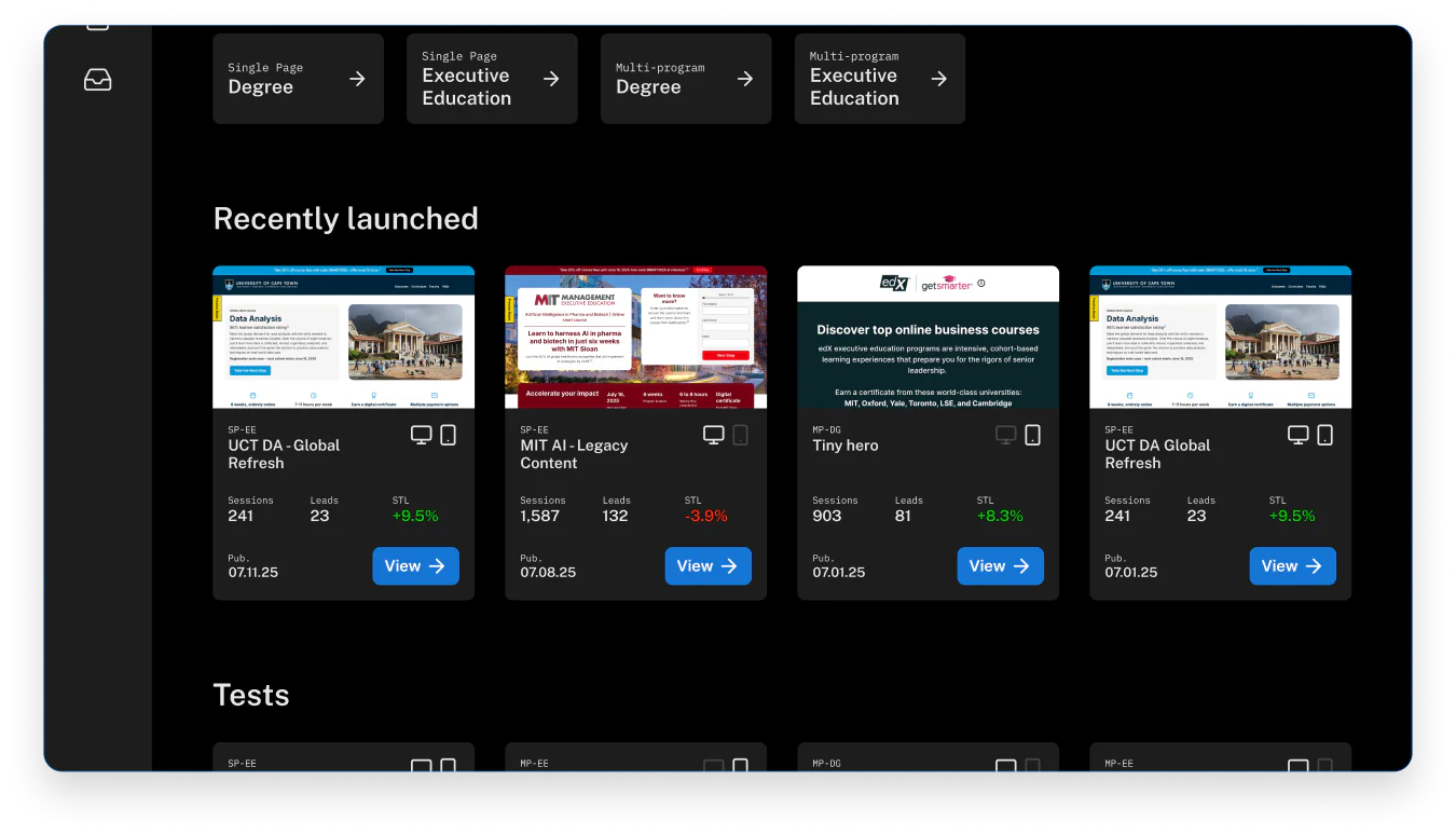Experience Operations dashboard showing recently launched work and tests