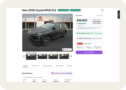The redesigned Cars.com vehicle page for a new 2026 Toyota RAV4.