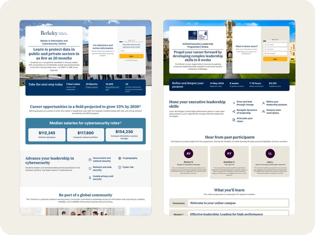 Two 2U program pages, UC Berkeley and Oxford, built on the same page system.