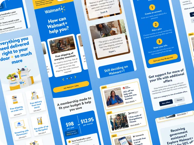 Walmart+ Live Better mobile screens, from the opening question through price and sign-up.