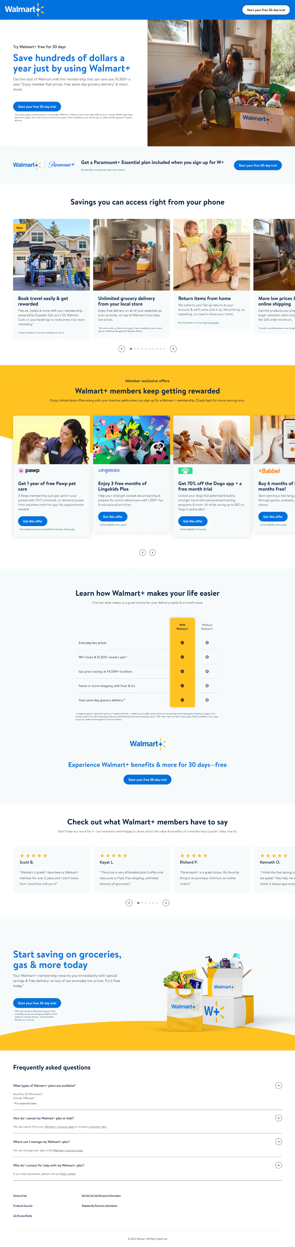 Original feature-led Walmart+ acquisition page